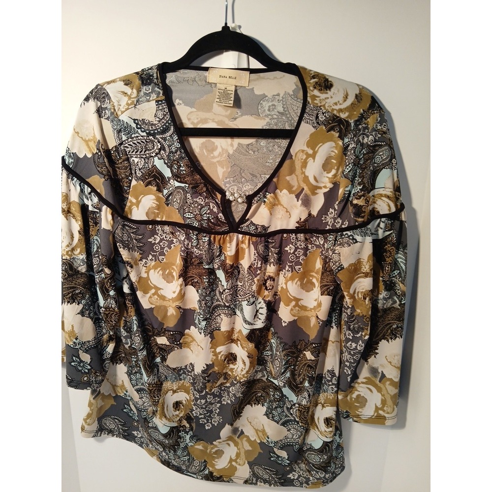 Diana Belle Blouse Women Medium Brown Floral Paisley Good Embellished 3/4 Sleeve